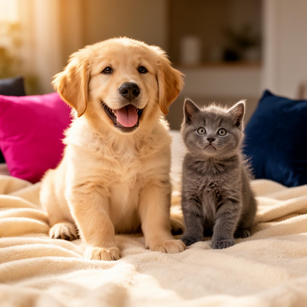 A happy golden retriever puppy and a grey kitten cuddling on a soft blanket